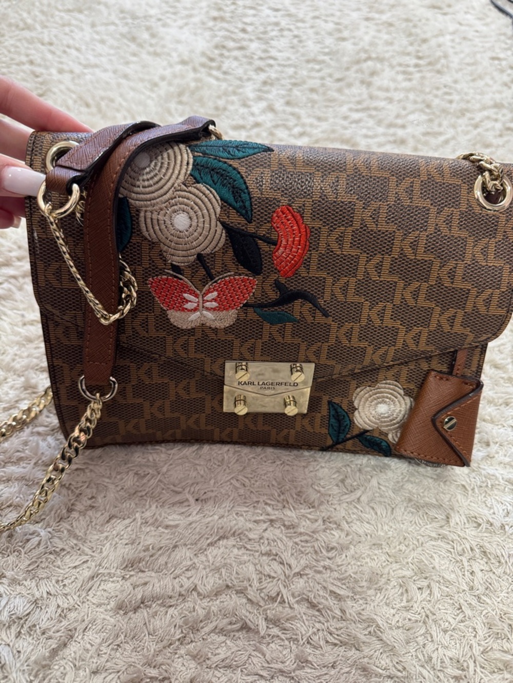 Karl Lagerfeld Brown Floral Embroidered Crossbody Bag